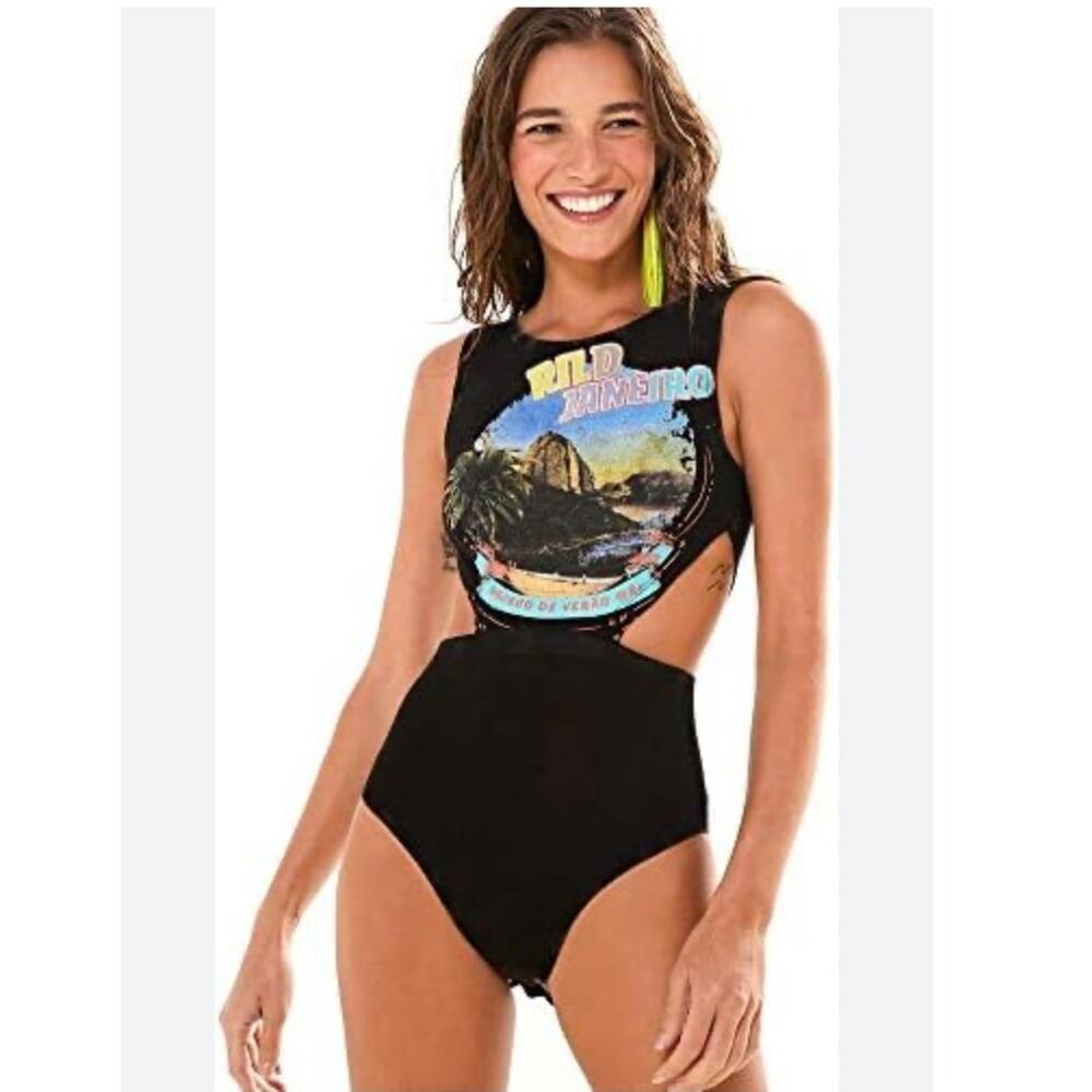 FARM Rio | Rild Janeiro Graphic Cutout Bodysuit Black Tropical Brazil Festival S